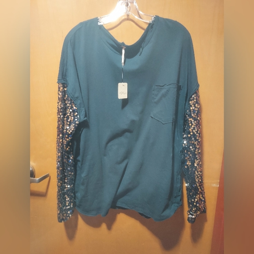 Free People Dark Teal Long Sleeve Sequin Top - Picture 2 of 11